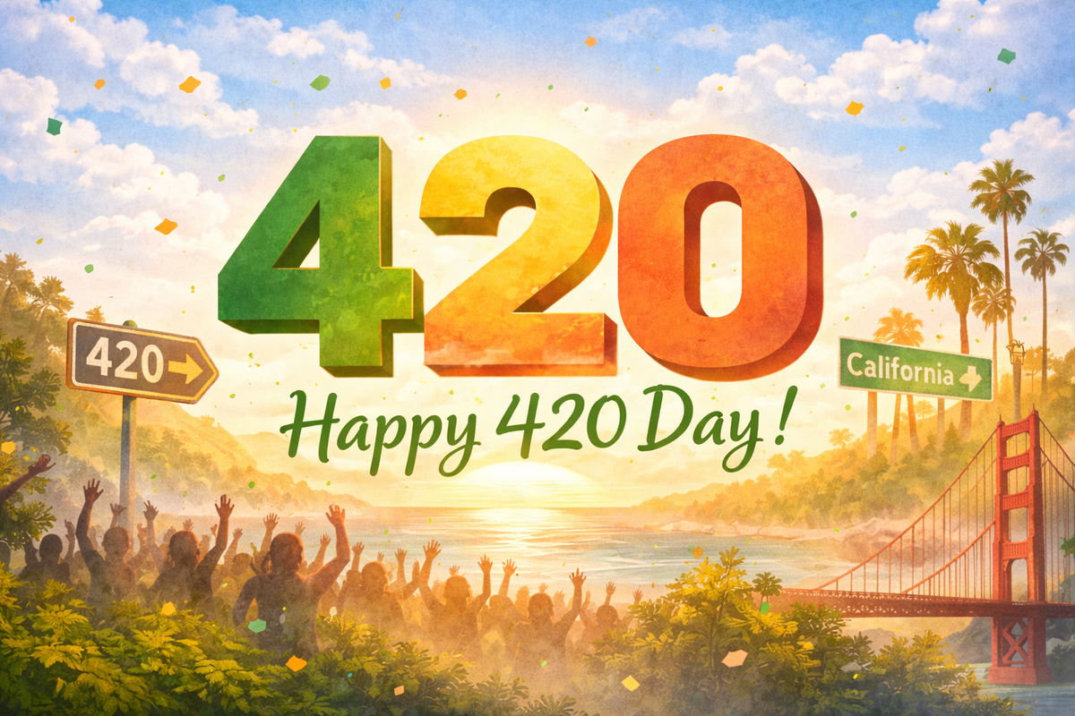 Grafik zum 420 Day mit Golden Gate Bridge, Palmen und feiernder Menge