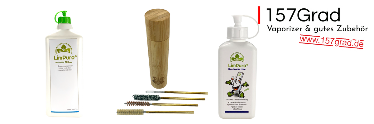 Reinigungszubehör für Vaporizer: LimPuro Reiniger-Konzentrat, Bürsten-Set und Pumpflasche