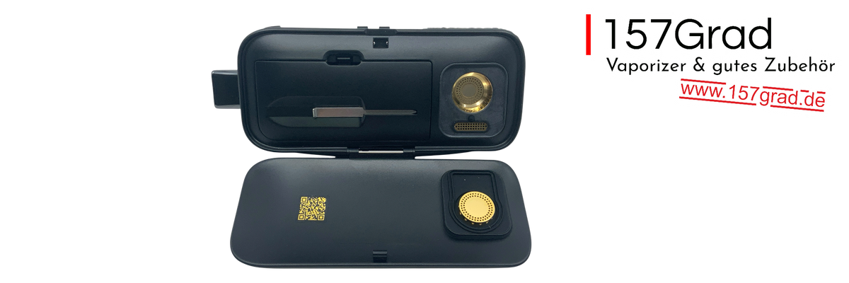 Tragbarer Vaporizer mit Zubehör im aufgeklappten Transportetui