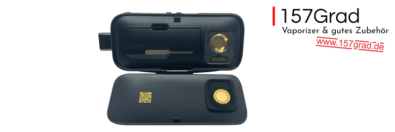 Tragbarer Vaporizer mit Zubehör im aufgeklappten Transportetui
