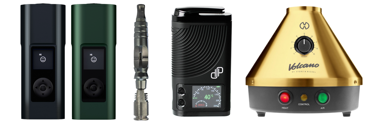 Fünf Vaporizer im Vergleich: zwei tragbare Geräte, ein DynaVap, ein Mighty und ein Volcano Tischvaporizer