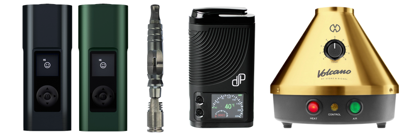 Fünf Vaporizer im Vergleich: zwei tragbare Geräte, ein DynaVap, ein Mighty und ein Volcano Tischvaporizer