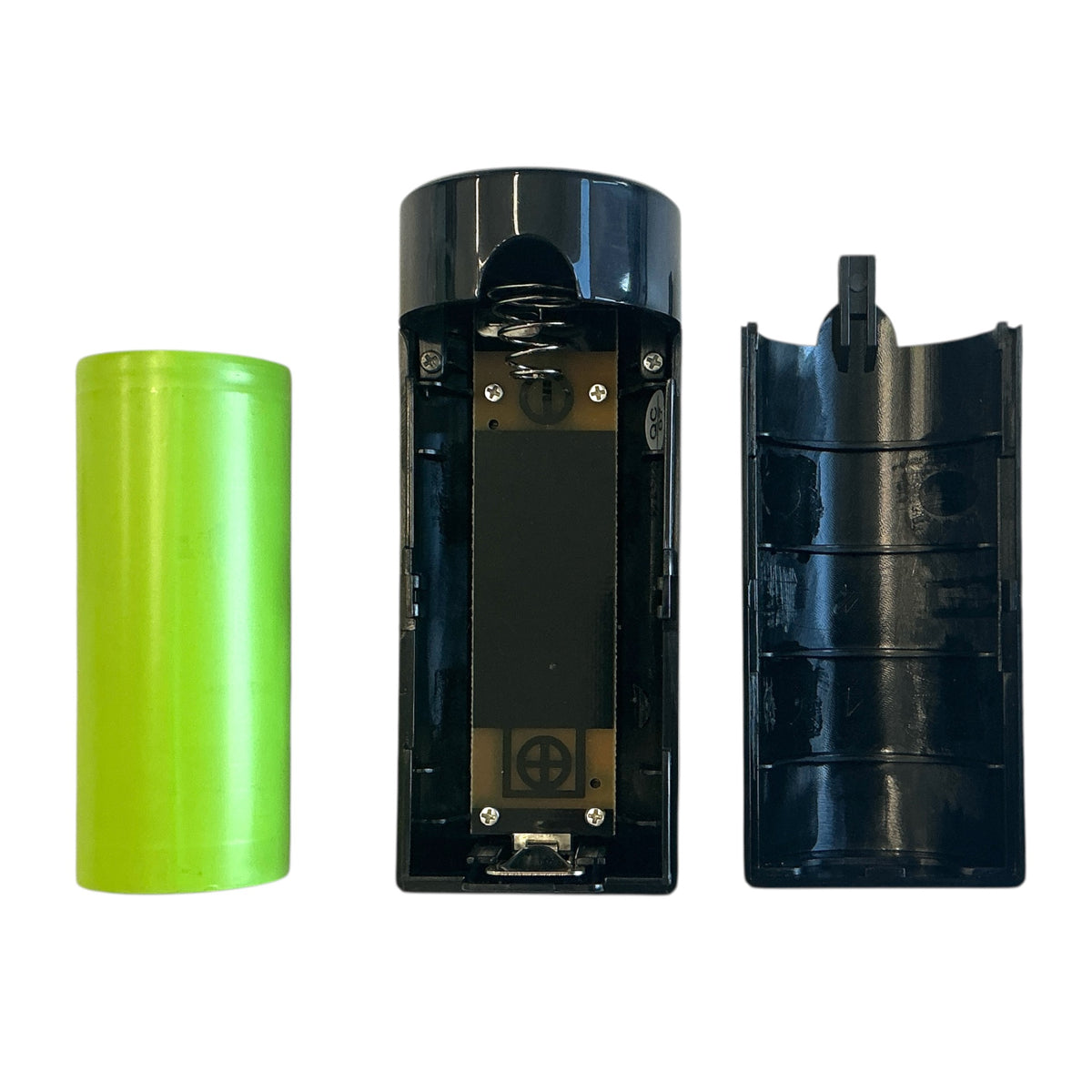 Arizer Air Max 26650er Akku inkl. Ladetester. geöffneter Ladetester und Akku daneben