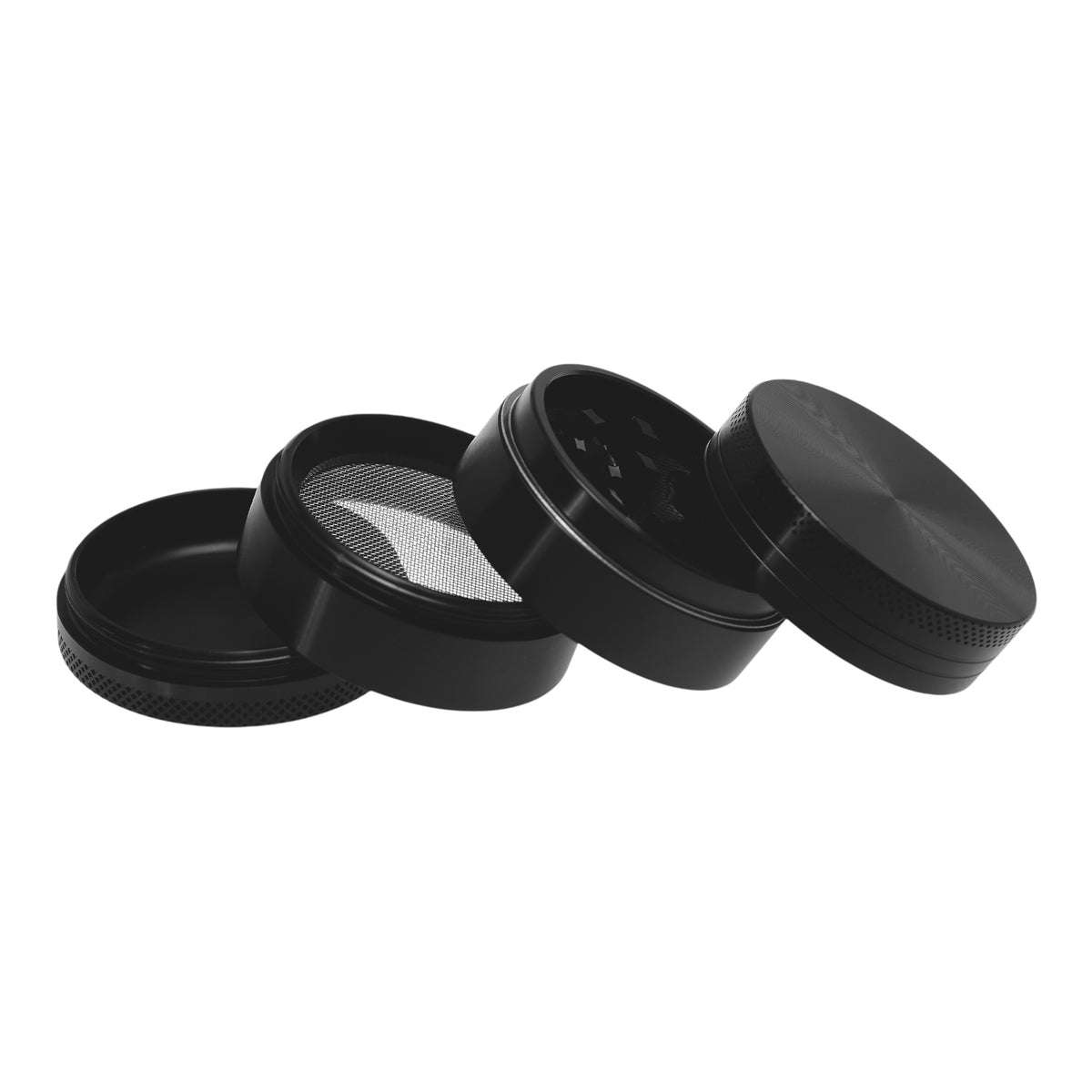 Near Dark Alu-Grinder konkav anodisiert 4-tlg Schwarz geöffnet alle Teile schräg aufeinander