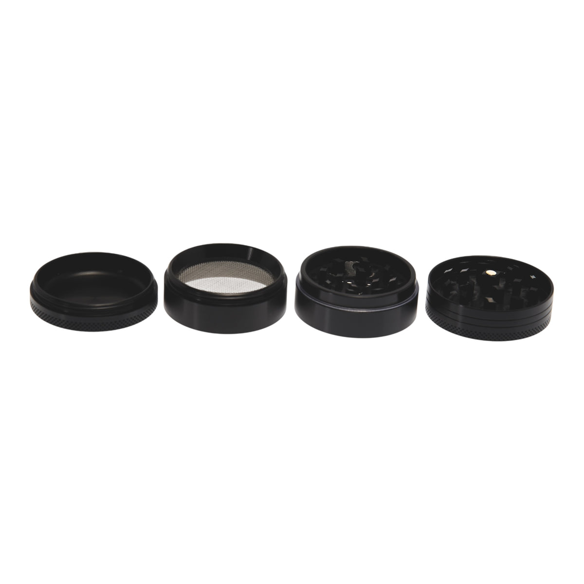 Near Dark Alu-Grinder konkav anodisiert 4-tlg Schwarz alle Teile nebeneinander