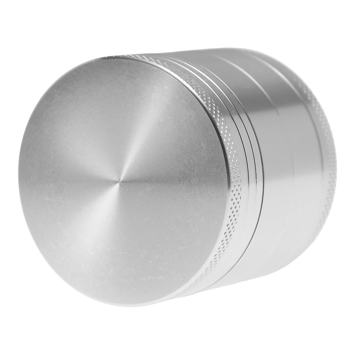 Near Dark Alu-Grinder konkav anodisiert 4-tlg Silber schräe Ansicht auf den Deckel