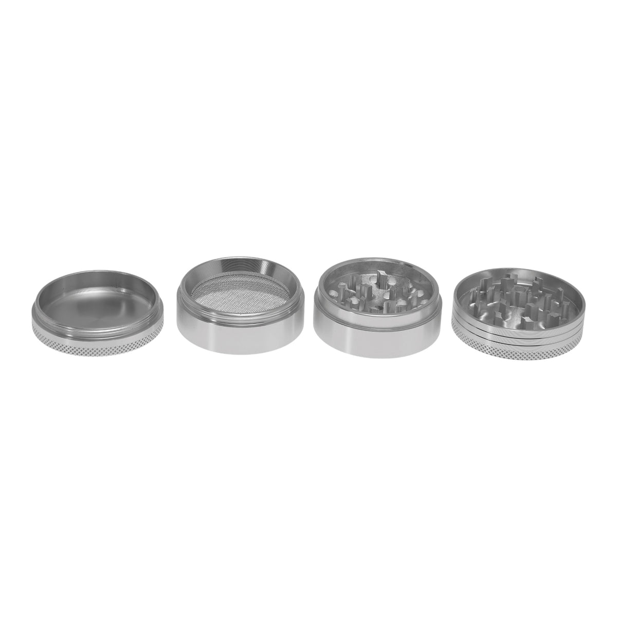 Near Dark Alu-Grinder konkav anodisiert 4-tlg Silber 4 Teile nebeneinander