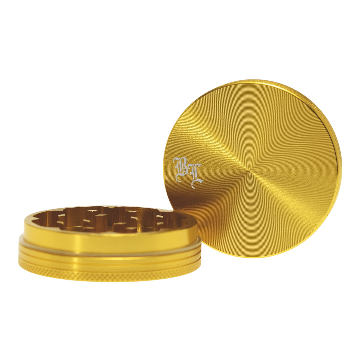 Black Leaf Alu Grinder 2 teilig Gold geöffnet Deckel Details