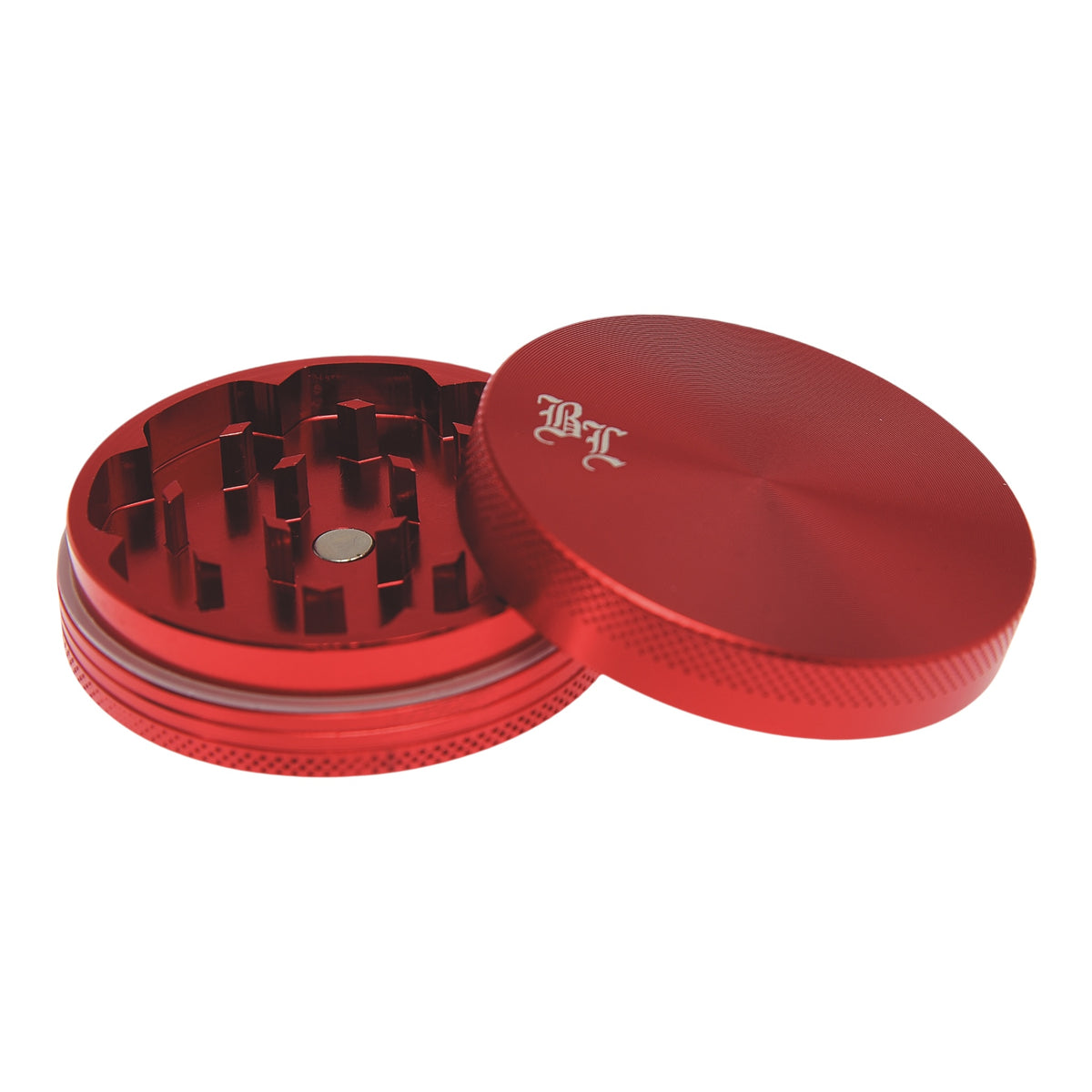 Black Leaf Alu Grinder 2 teilig Rot geöffnet Deckel schräg