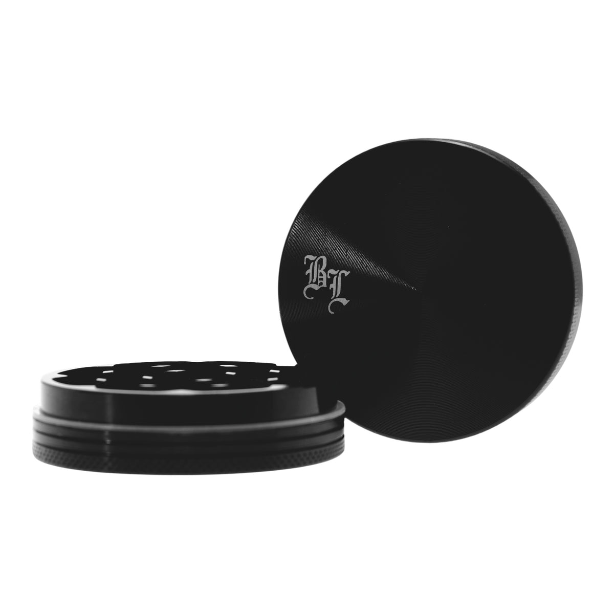 Black Leaf Alu Grinder 2 teilig Schwarz geöffnet mit Deckel Details