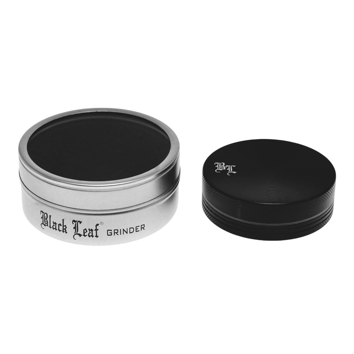 Black Leaf Alu Grinder 2 teilig Schwarz geschlossen mit Dose
