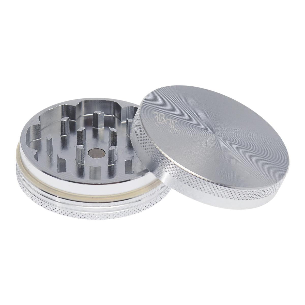 Black Leaf Alu Grinder 2 teilig Silber geöffnet Deckel schräg
