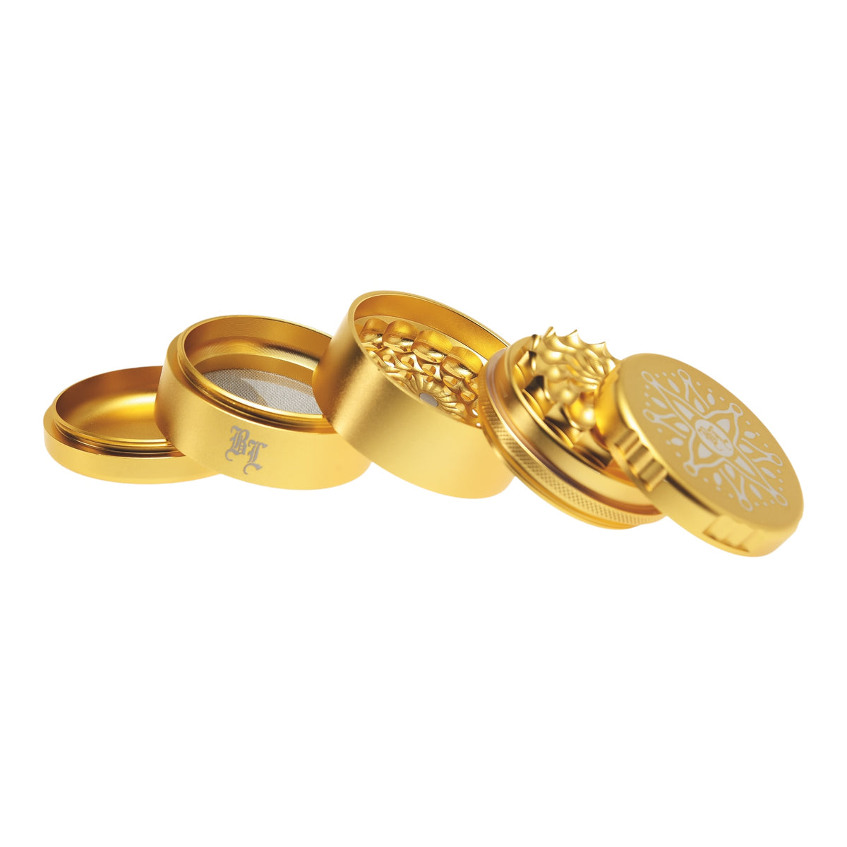 Black Leaf CNC Flowergrinder / Blumengrinder Gold geöffnet alle Teile schräg aufeinander