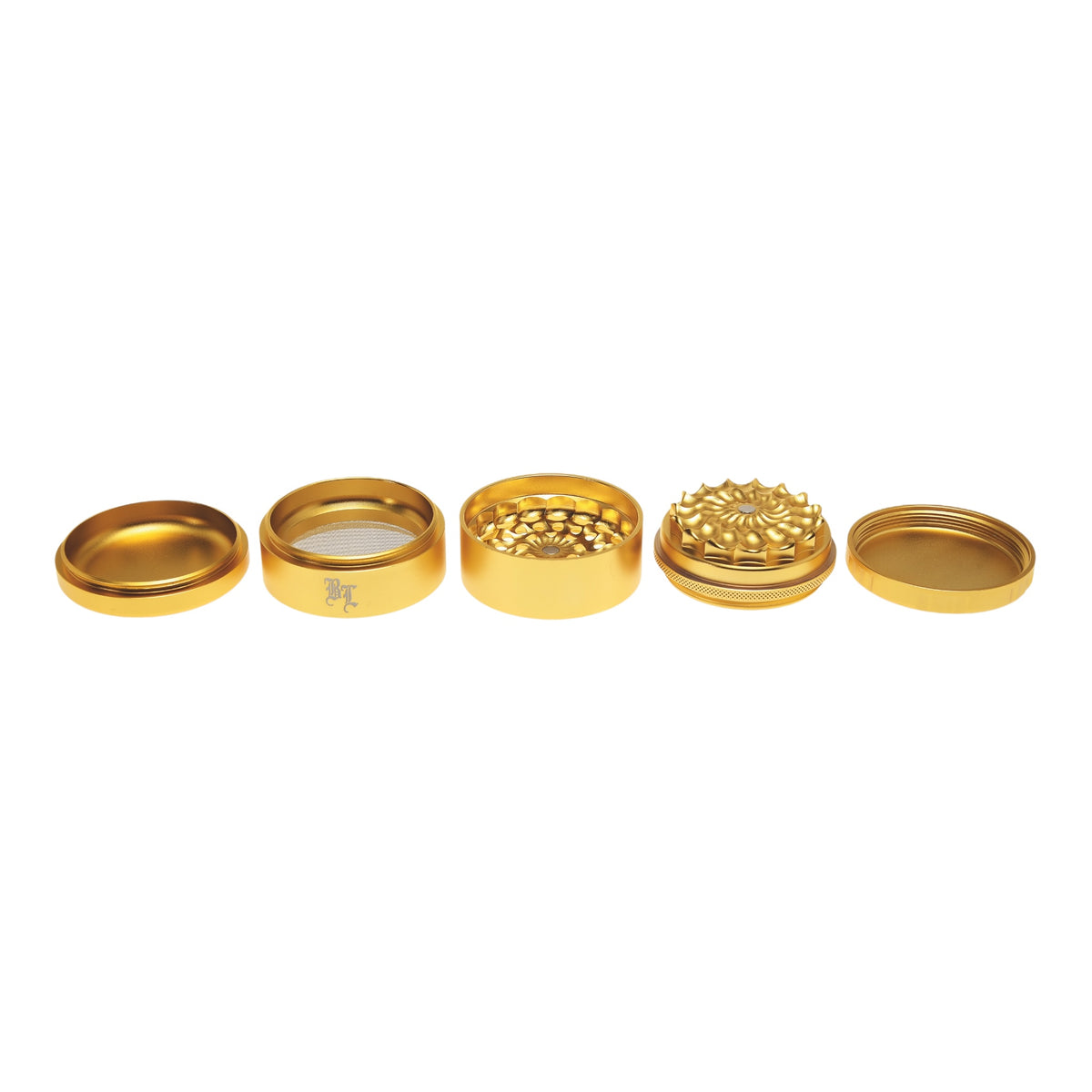 Black Leaf CNC Flowergrinder / Blumengrinder Gold geöffnet alle Teile nebeneinander