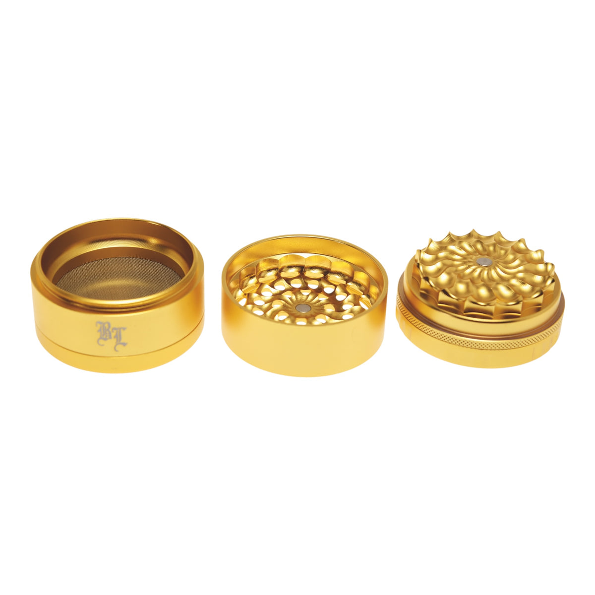 Black Leaf CNC Flowergrinder / Blumengrinder Gold geöffnet 3 Teile