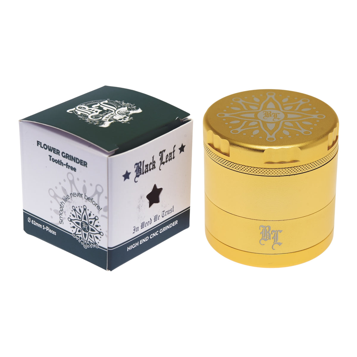 Black Leaf CNC Flowergrinder / Blumengrinder Gold geschlossen mit Verpackung