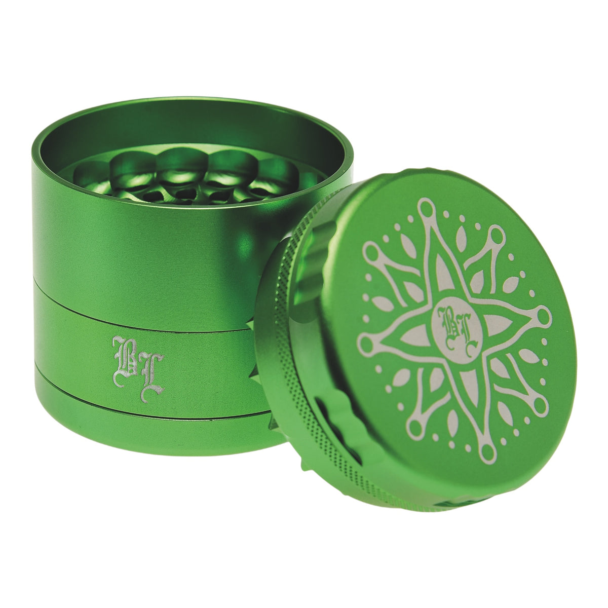 Black Leaf CNC Flowergrinder / Blumengrinder Grün geöffnet Deckel lehnt am Grinder