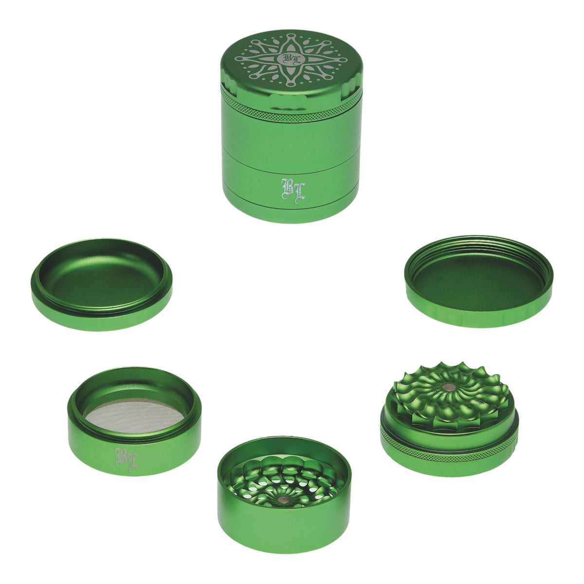 Black Leaf CNC Flowergrinder / Blumengrinder Grün geschlossen und 5 teile im Detail