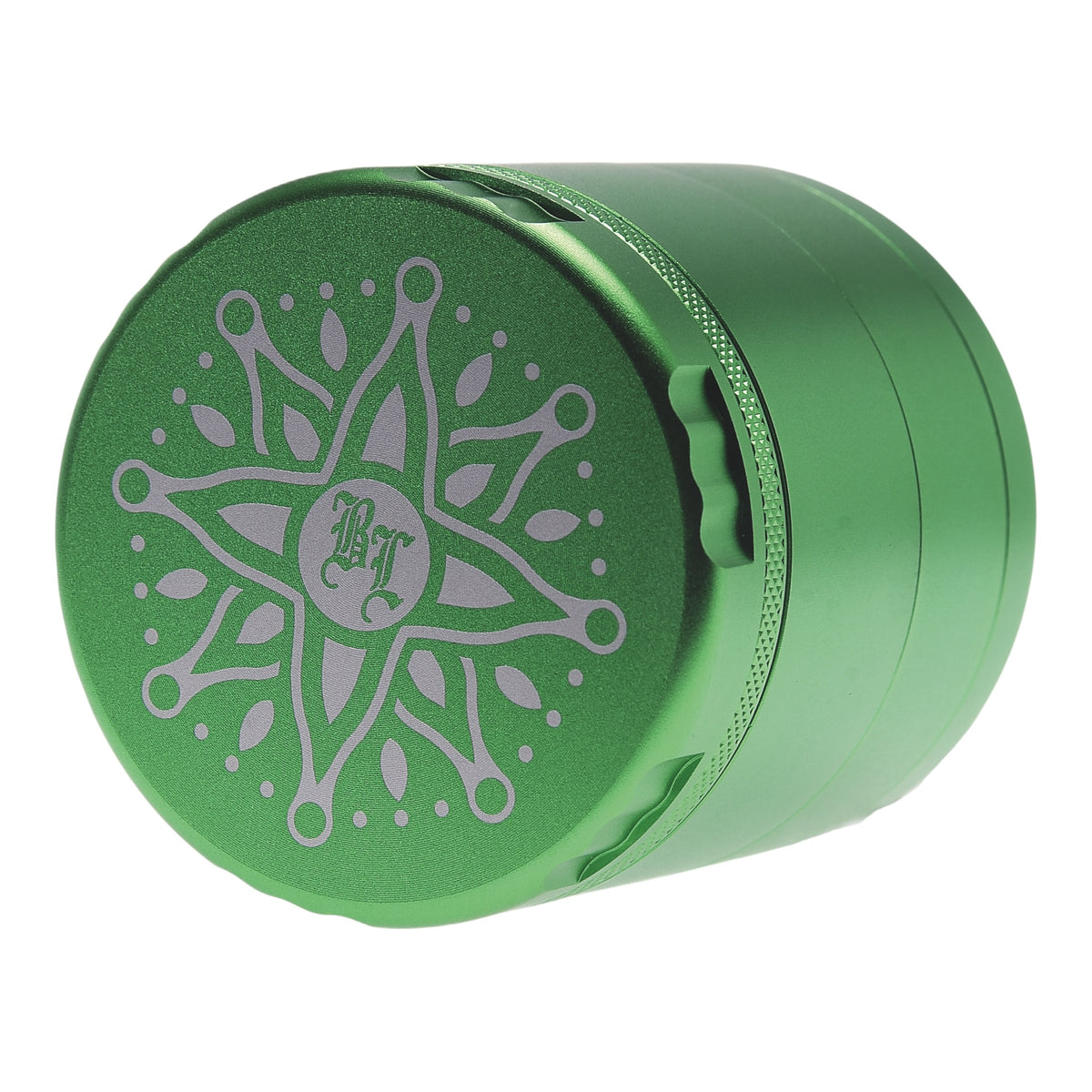 Black Leaf CNC Flowergrinder / Blumengrinder Grün Details Deckel Logo