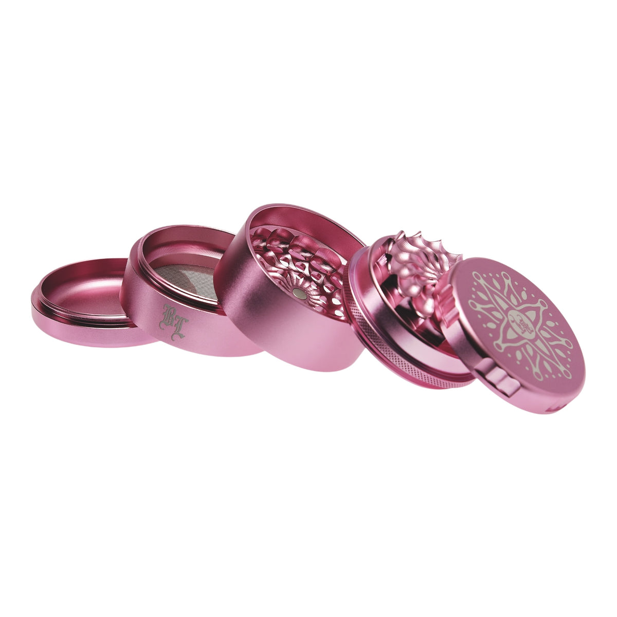 Black Leaf CNC Flowergrinder / Blumengrinder Rosa/Pink geöffnet und alle Teile liegen schräg aufeinander