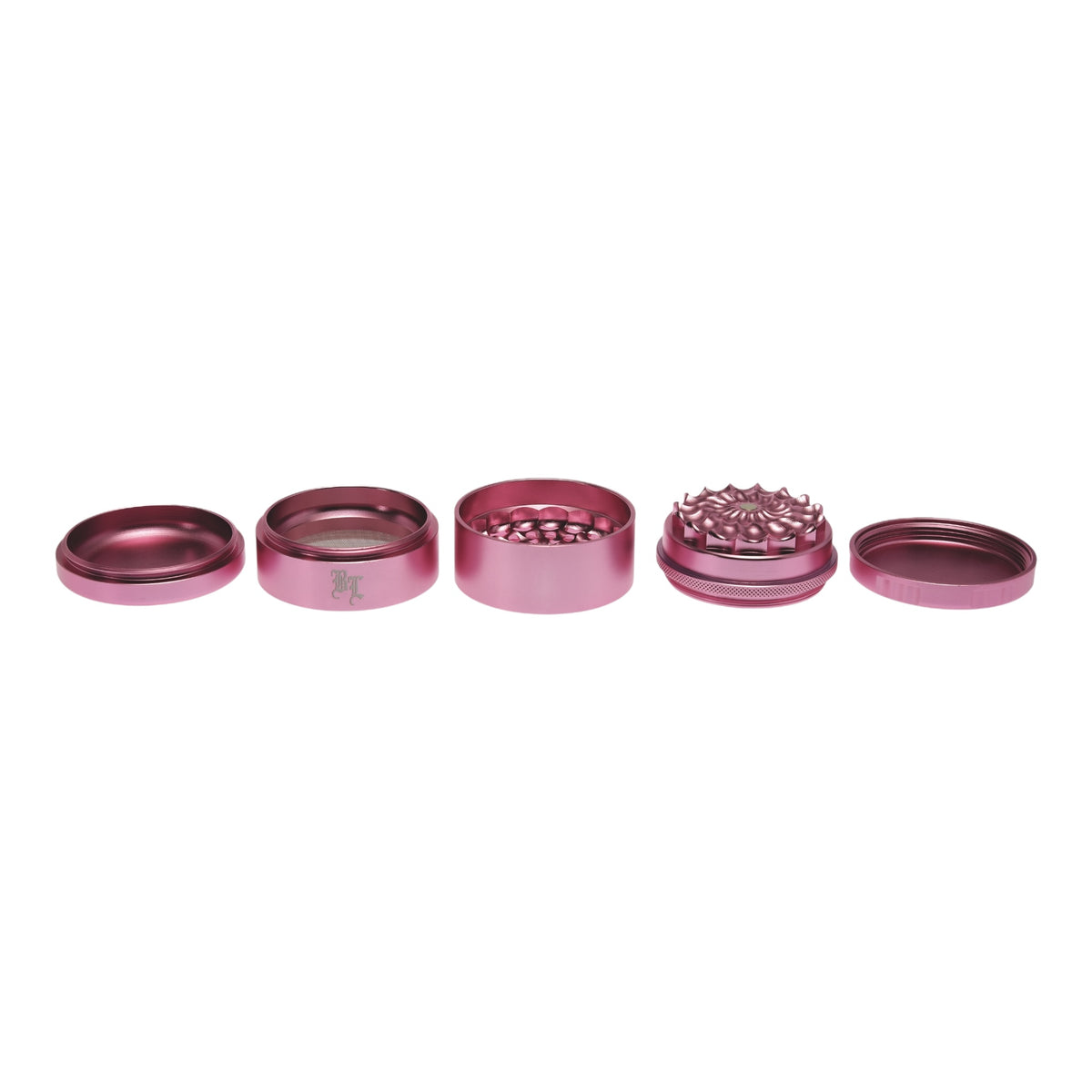 Black Leaf CNC Flowergrinder / Blumengrinder Rosa/Pink alle 5 Teile nebeneinander