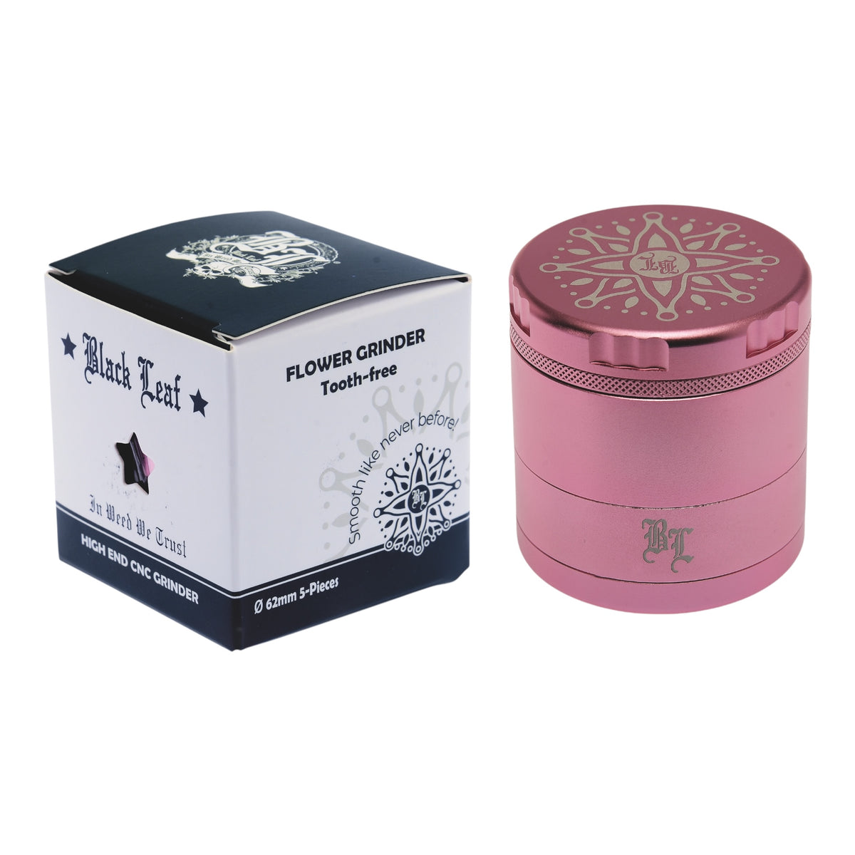 Black Leaf CNC Flowergrinder / Blumengrinder Rosa/Pink geschlossen mit Verpackung