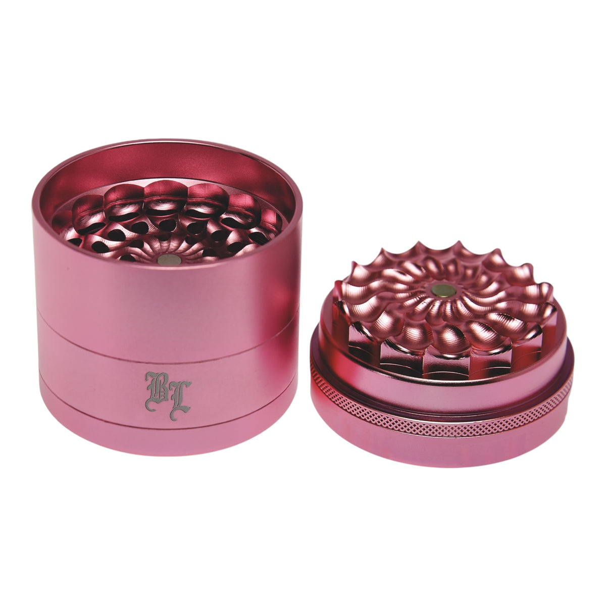 Black Leaf CNC Flowergrinder / Blumengrinder Rosa/Pink geöffnet Deckel liegt neben dem Grinder