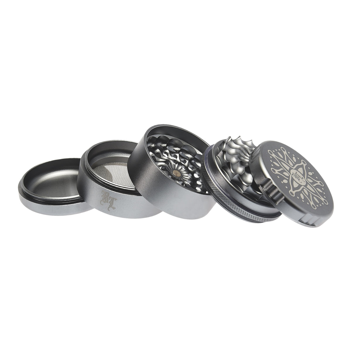 Black Leaf CNC Flowergrinder / Blumengrinder Silber geöffnet alle Teile schräg aufeinander