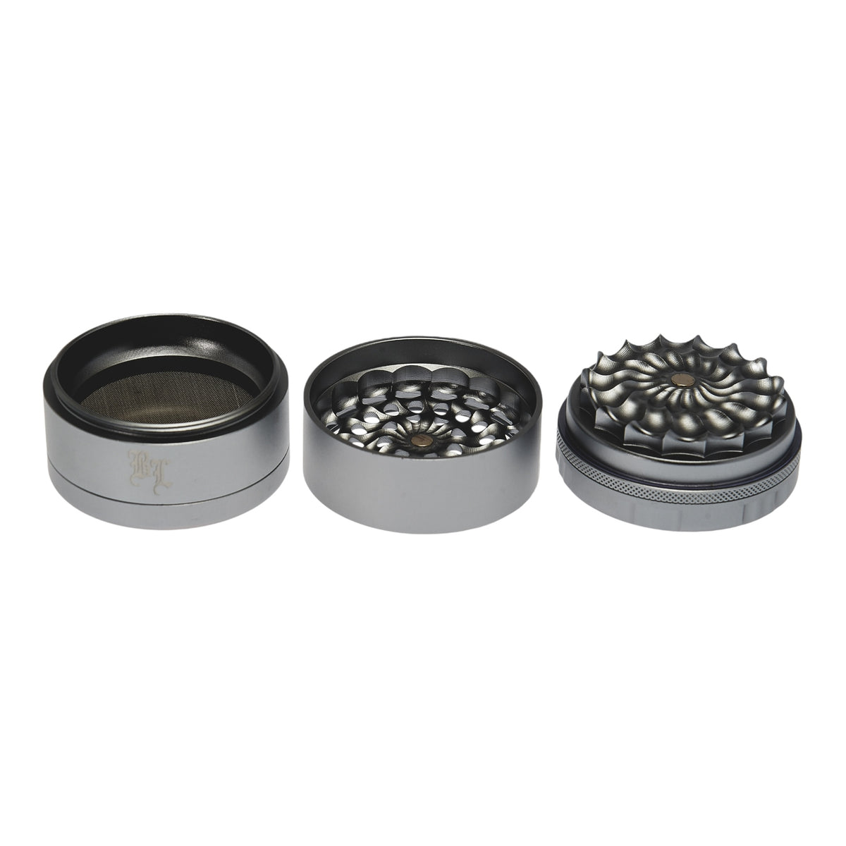 Black Leaf CNC Flowergrinder / Blumengrinder Silber geöffnet 3 Teile