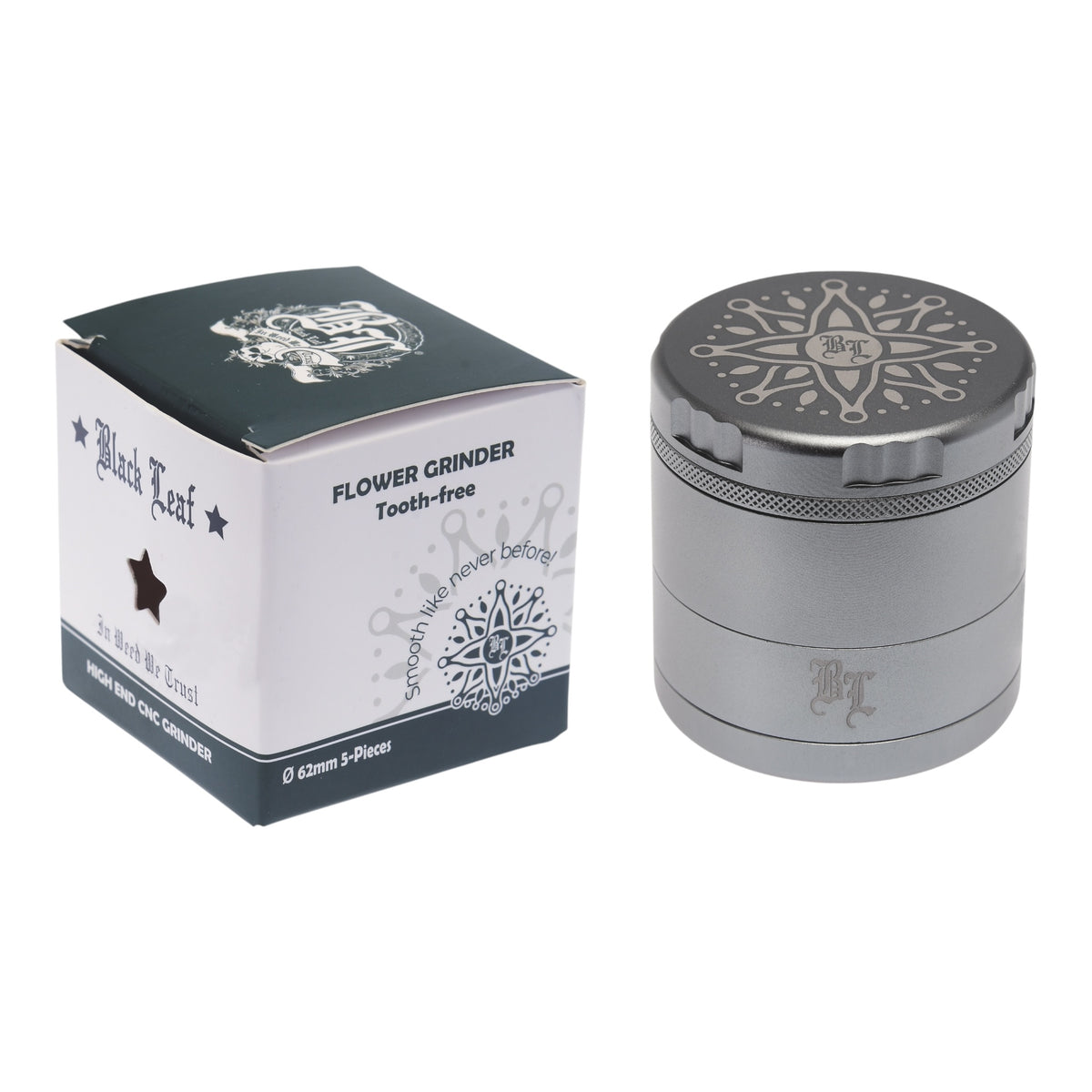 Black Leaf CNC Flowergrinder / Blumengrinder Silber geschlossen mit Verpackung