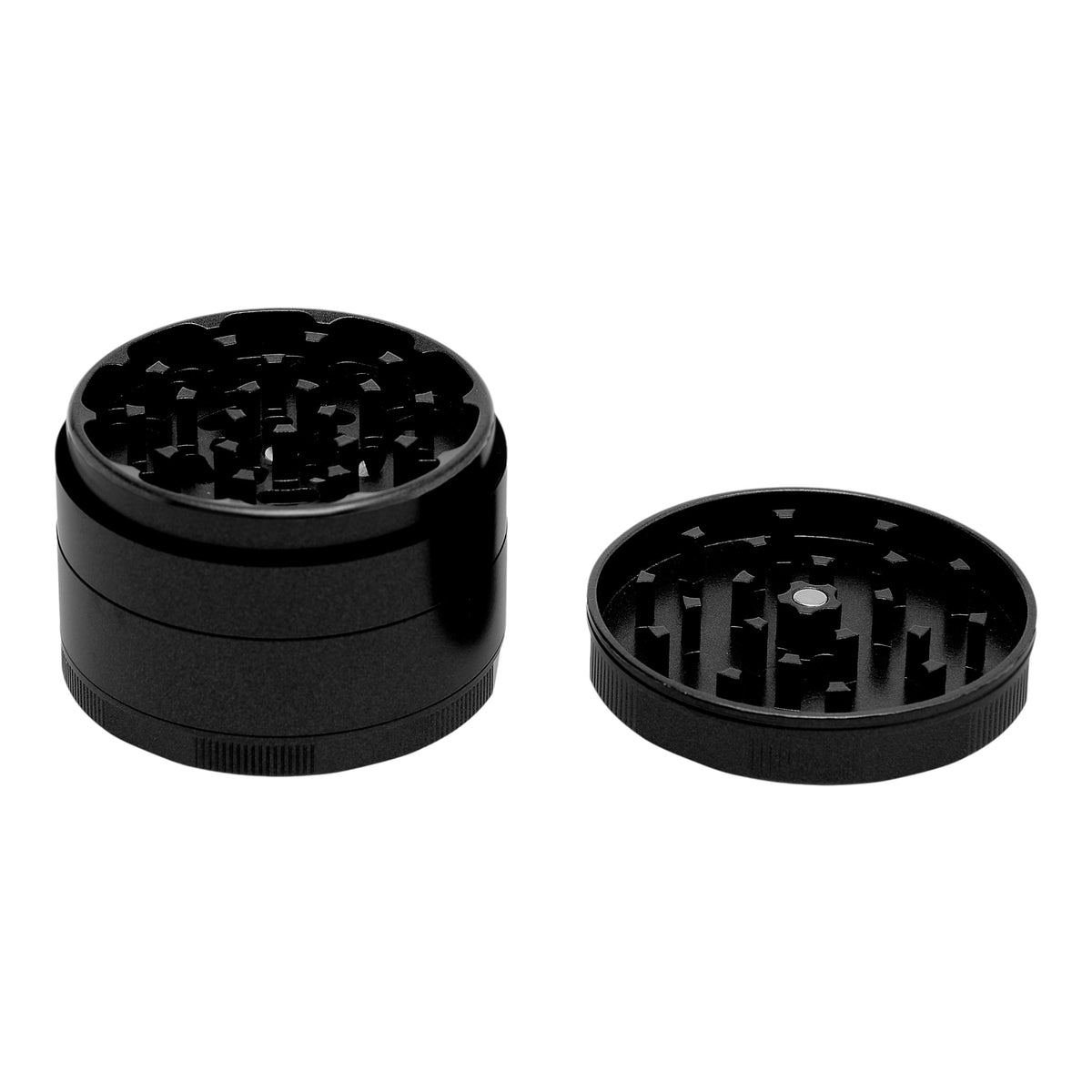 Black Leaf Lotus Grinder schwarz geöffnet Deckel liegt neben Grinder