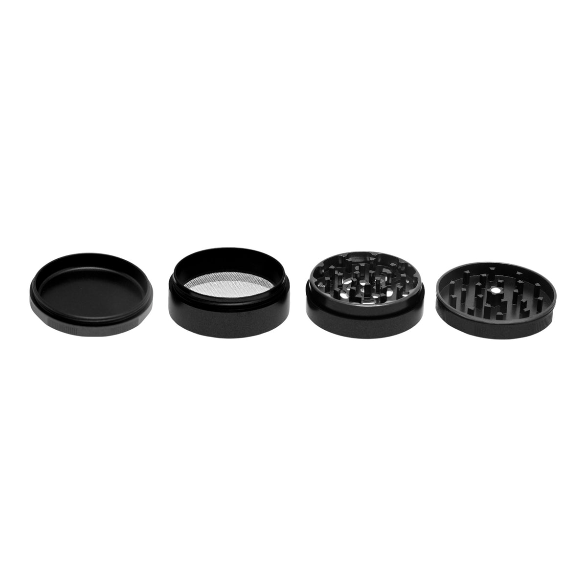 Black Leaf Lotus Grinder schwarz alle teile nebeneinander
