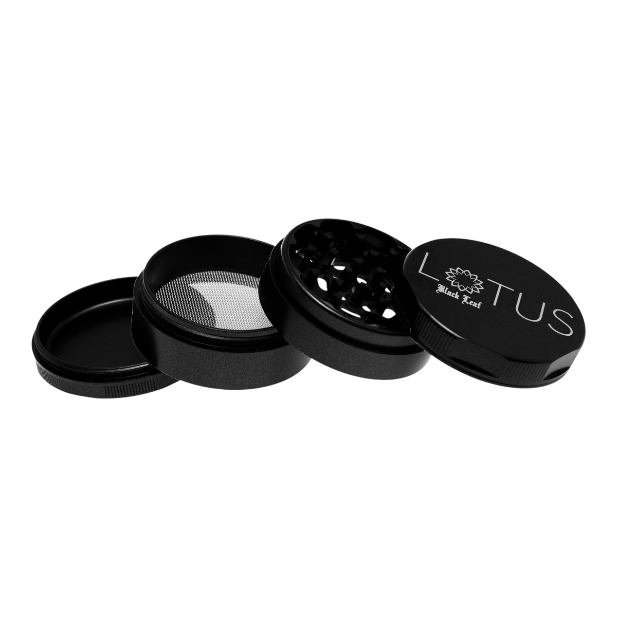 Black Leaf Lotus Grinder schwarz alle Teile schräg aufeinander