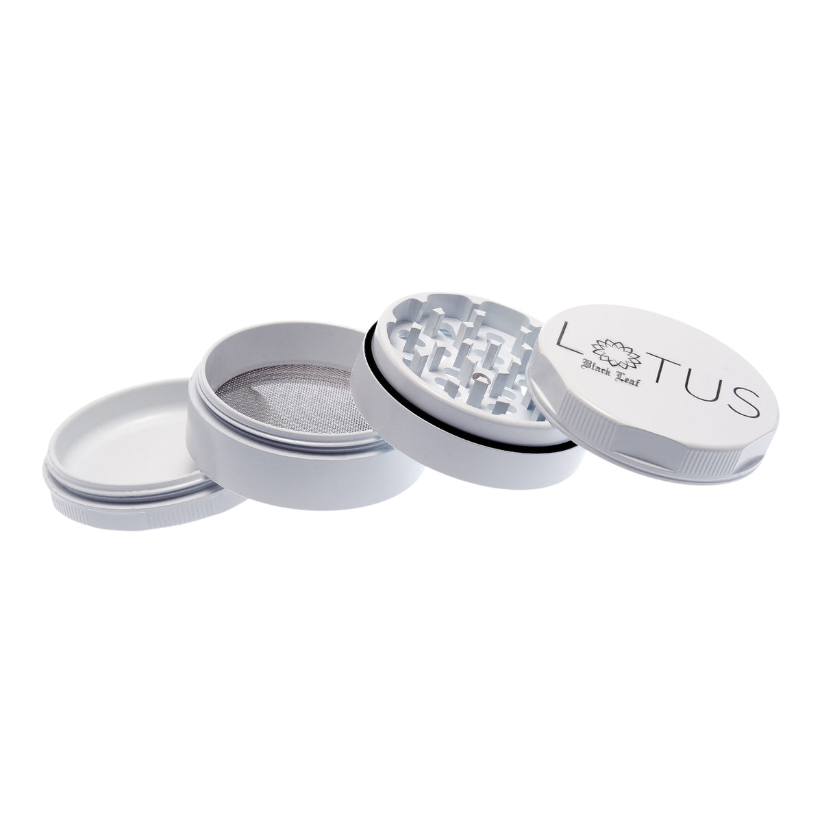 Black Leaf Lotus Grinder weiss alle Teile schräg aufeinander