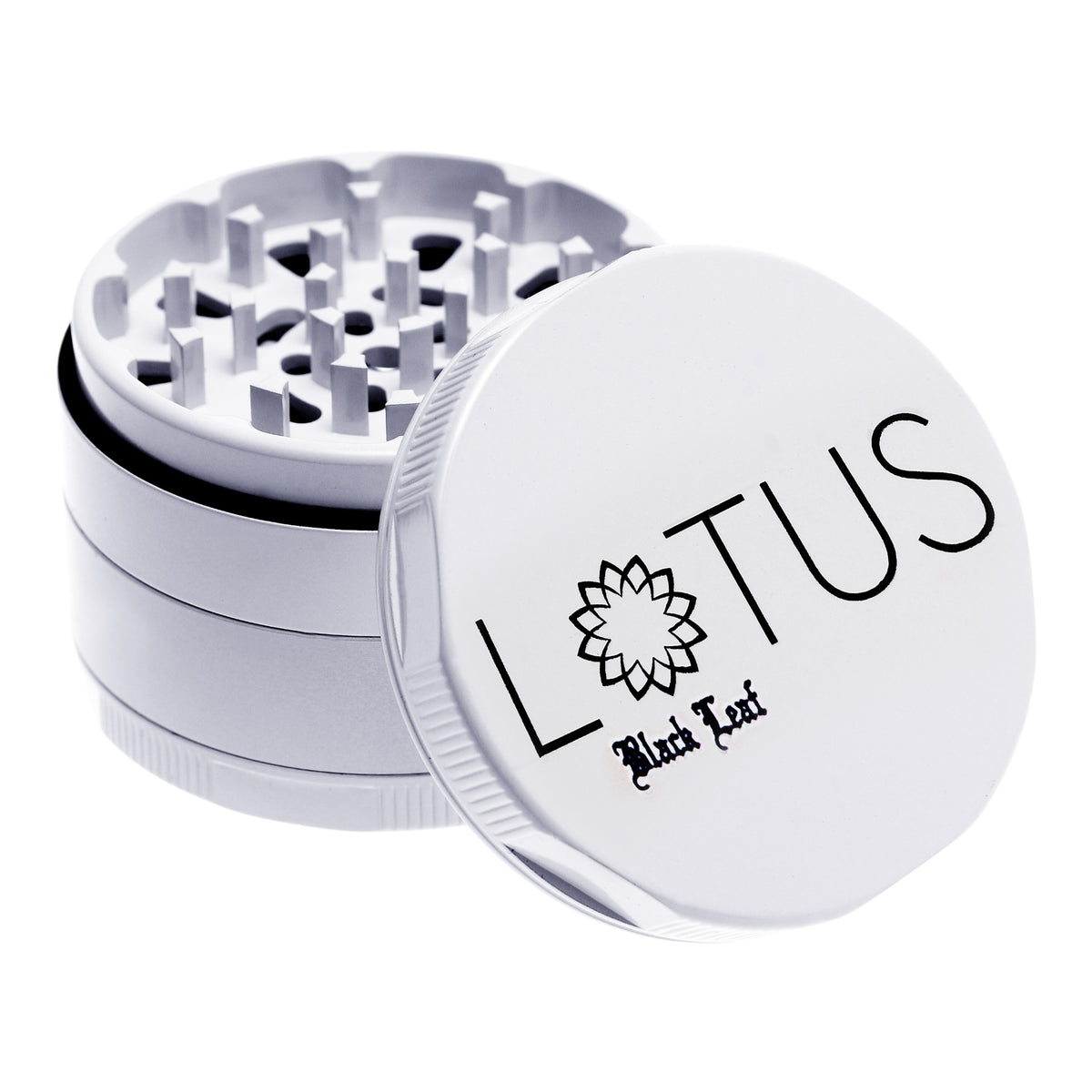 Black Leaf Lotus Grinder weiss geöffnet Deckel schräg angelehnt