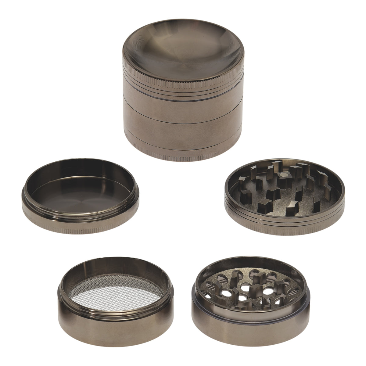 Near Dark Alu-Grinder konkav grau 4-tlg. geschlossen und 4 Teile