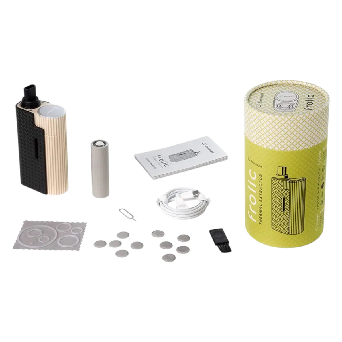 Lieferumfang des Limelight Frolic mit Akku, Sieben, Kabel und Verpackung