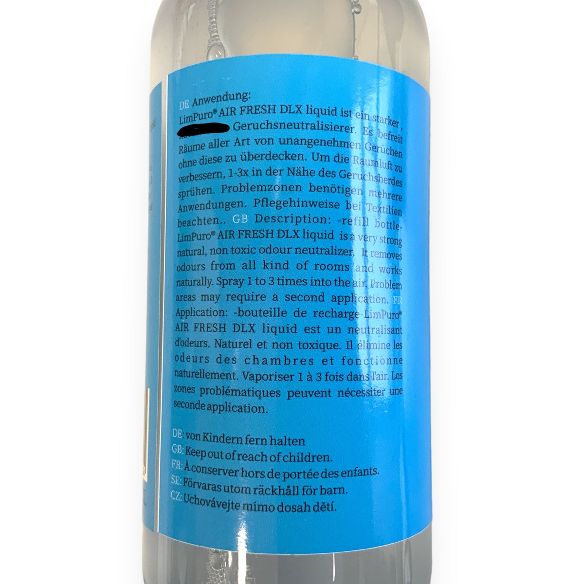 Rückseite der LimPuro Air-Fresh DLX Flasche mit Anwendungshinweisen