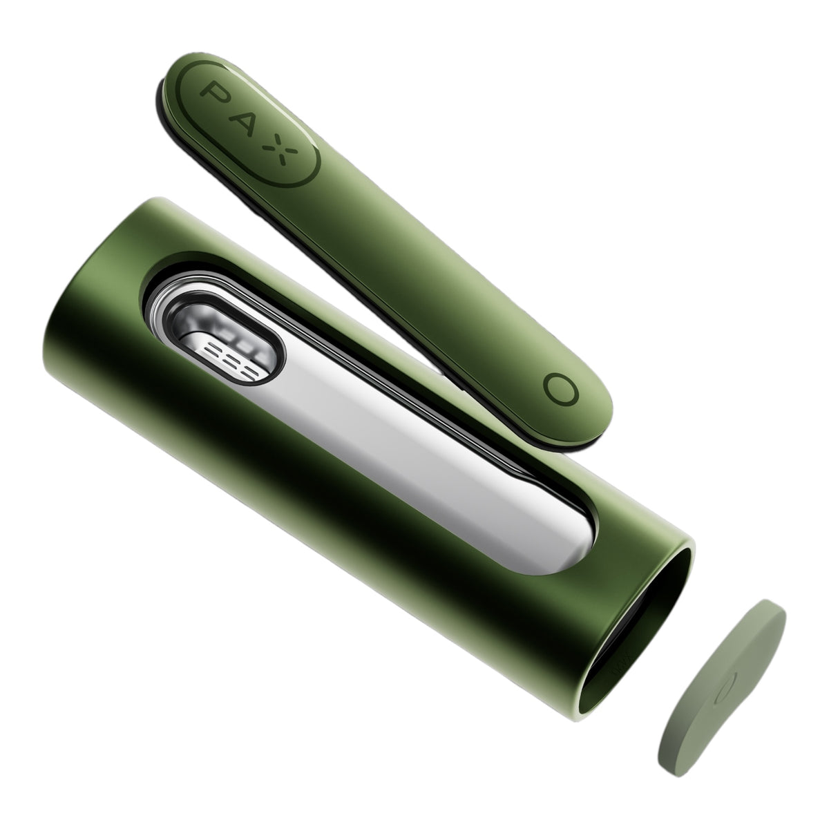 Pax Flow Greenstone Vaporizer Details mit geöffneter Kammer und abgenommendem Mundstück