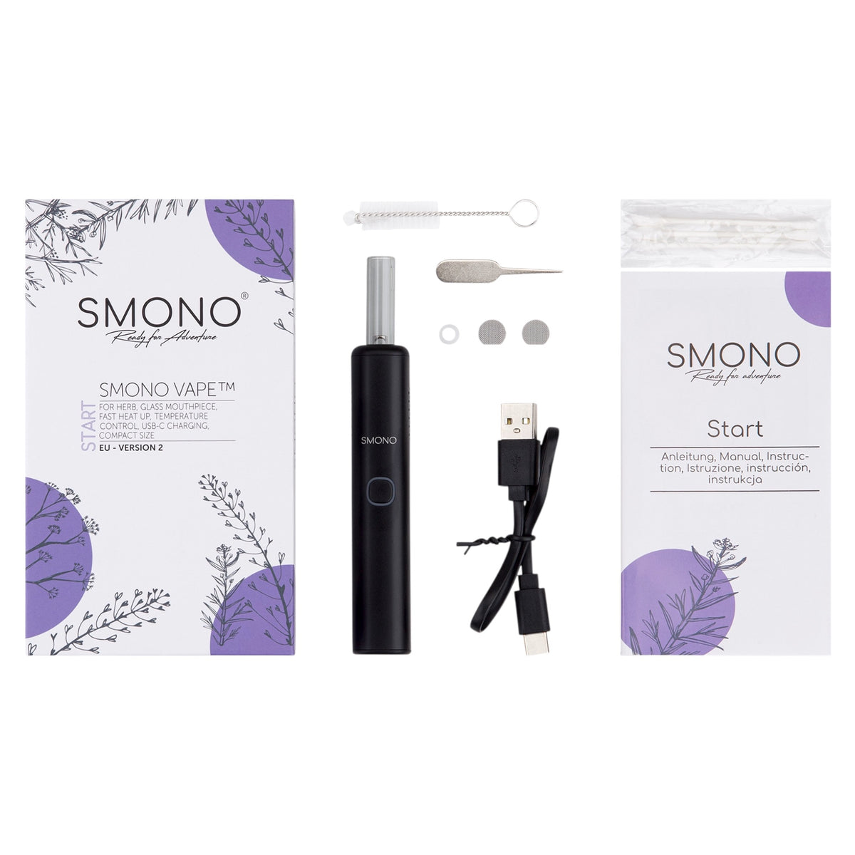 Lieferumfang des Smono Start mit Ladekabel, Sieben, Bürste und Anleitung
