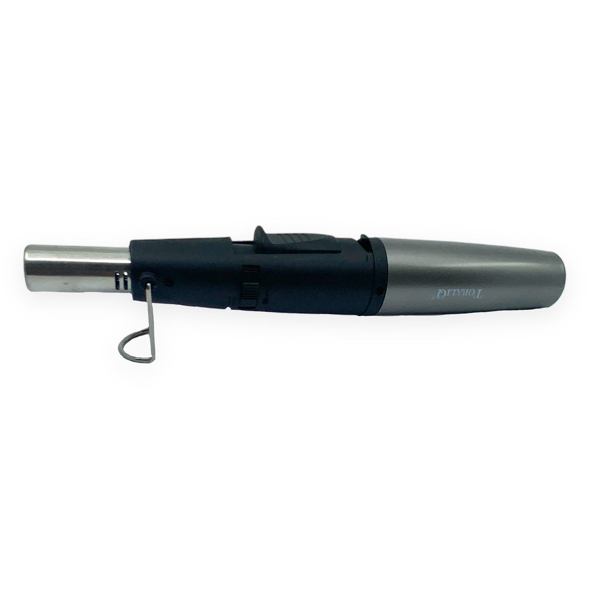 Tobaliq M4 Turbo JET Feuerzeug Metallic Silber liegend mit ausgeklapptem Staender