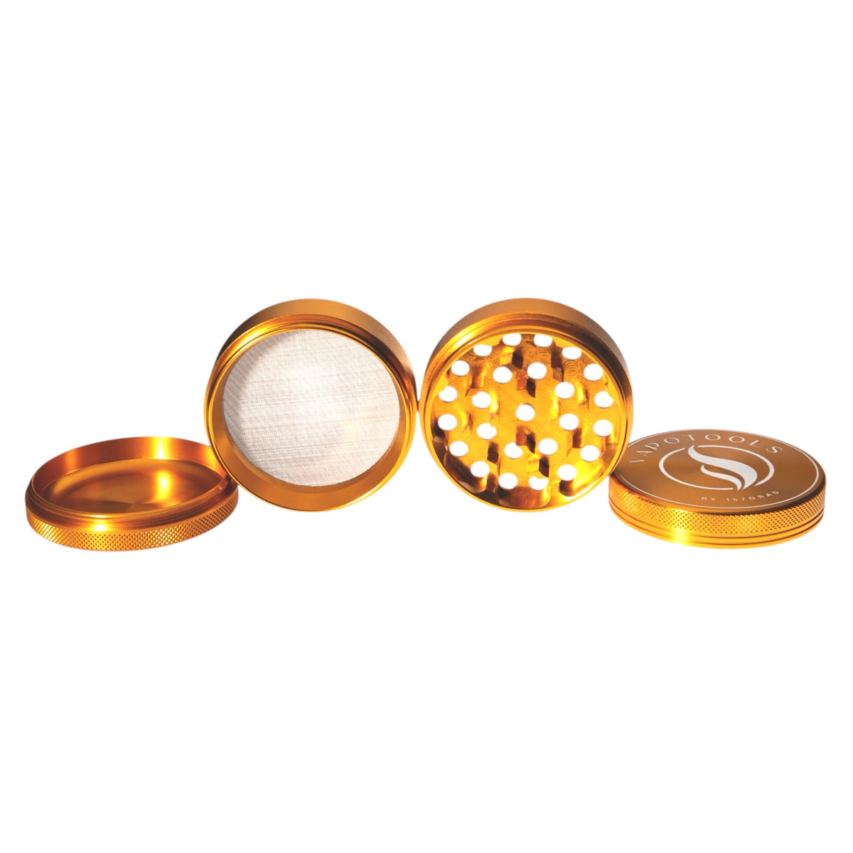 Vapotools by 157Grad Aluminium Premium Grinder Gold alle 4 Teile Details Sieb und Mahlwerk