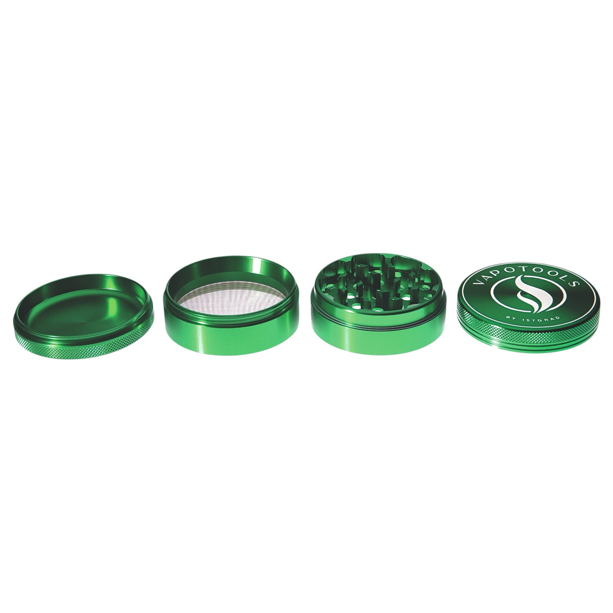 Vapotools by 157Grad Aluminium Premium Grinder Grün alle 4 Teile nebeneinander