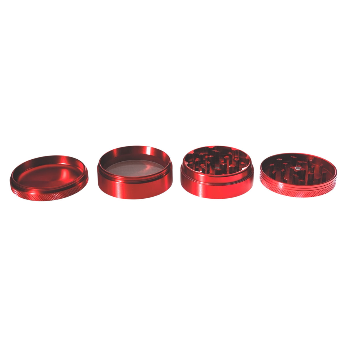 Vapotools by 157Grad Aluminium Premium Grinder Rot geöffnet alle 4 Teile nebeneinander