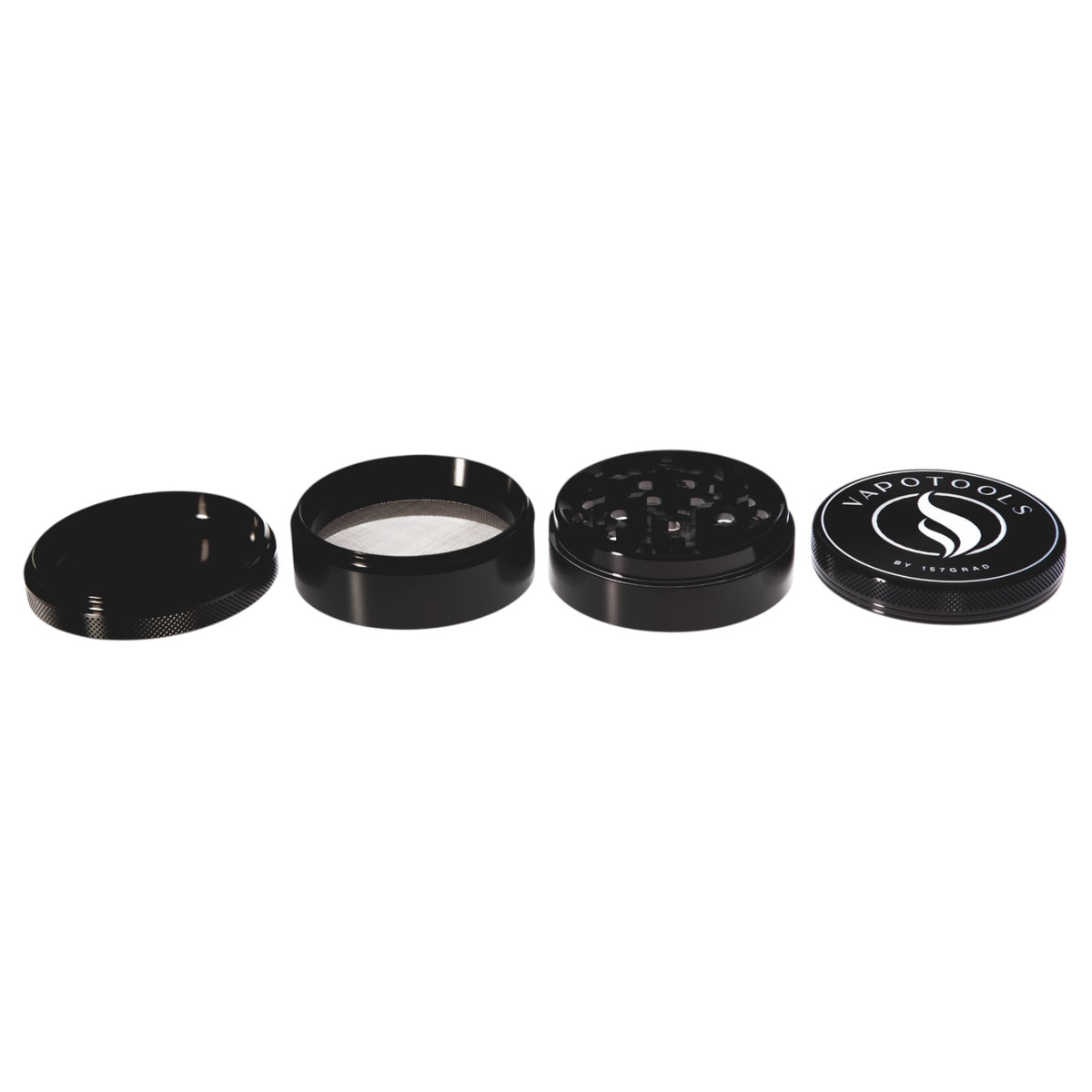 Vapotools by 157Grad Aluminium Premium Grinder Schwarz geöffnet alle 4 Teile nebeneinander