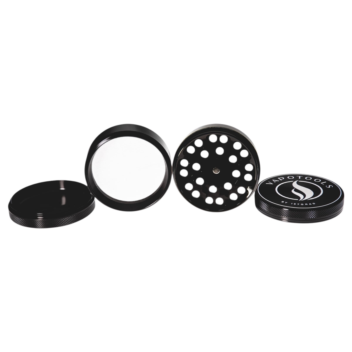 Vapotools by 157Grad Aluminium Premium Grinder Schwarz geöffnet 4 Teile Details Sieb und Mahlwerk