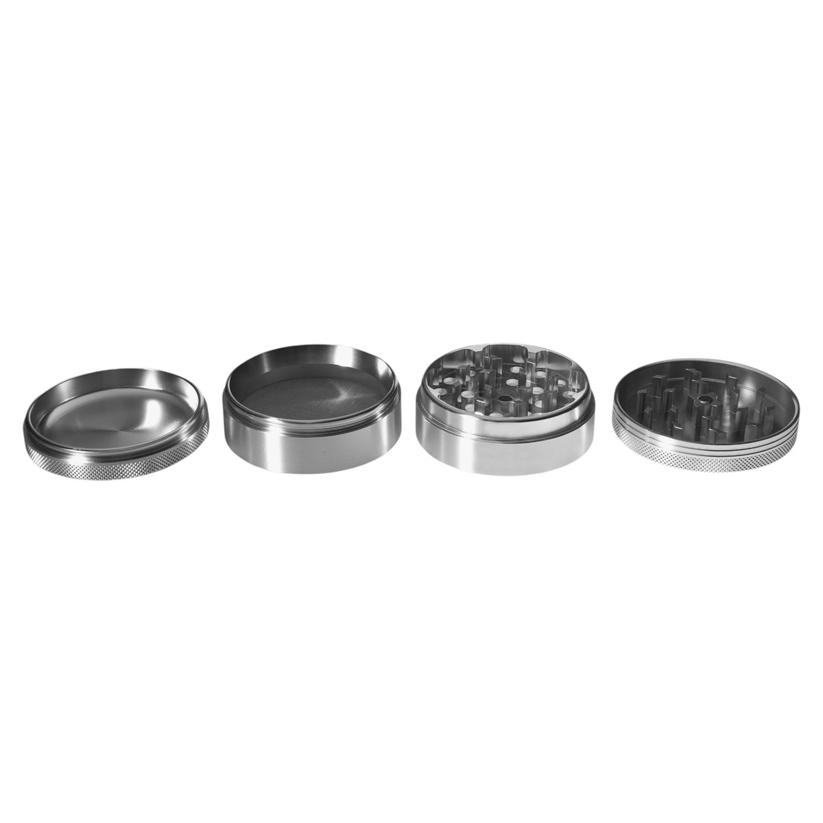 Vapotools by 157Grad Aluminium Premium Grinder Silber geöffnet alle 4 Teile nebeneinander