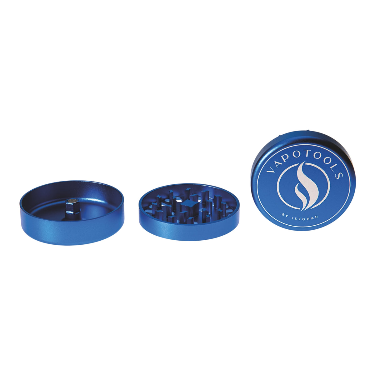 Vapotools by 157Grad Aluminium Ultra Grinder Blau geöffnet Deckel Details Logo