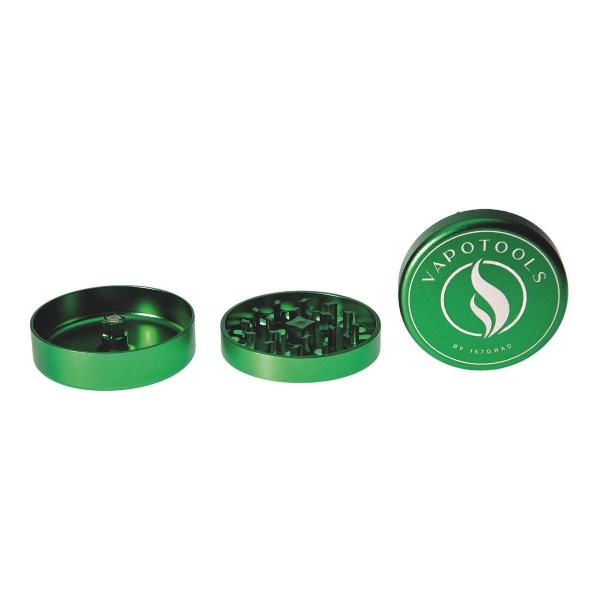 Vapotools by 157Grad Aluminium Ultra Grinder Grün geöffnet Details Deckel mit Logo