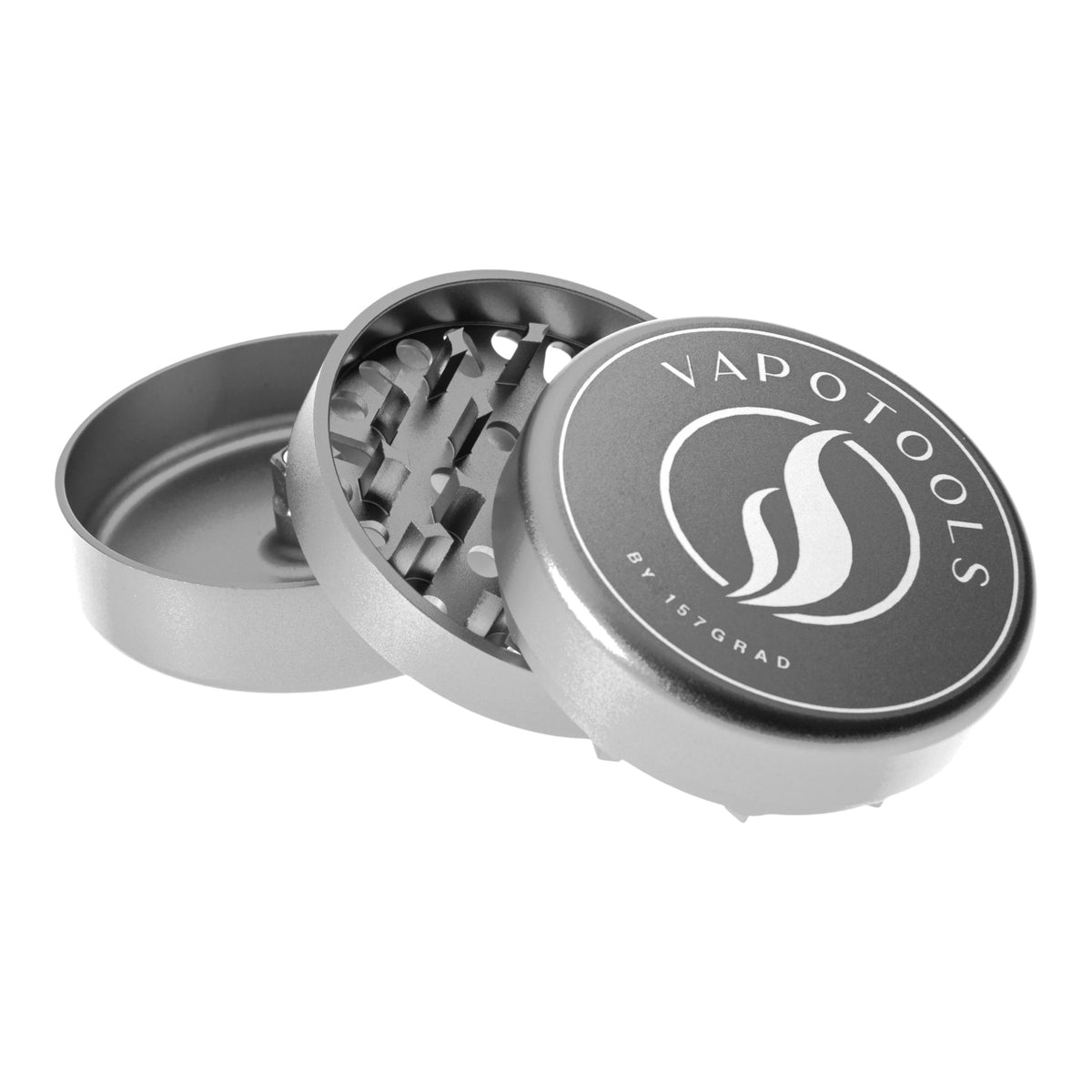 Vapotools by 157Grad Aluminium Ultra Grinder Silber geöffnet schräg aufeinander